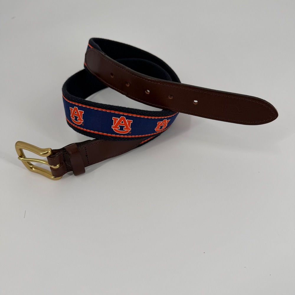 Vineyard Vines Auburn Tigers Belt Men 38 Navy Canvas Leather AU Logo NCAA Preppy